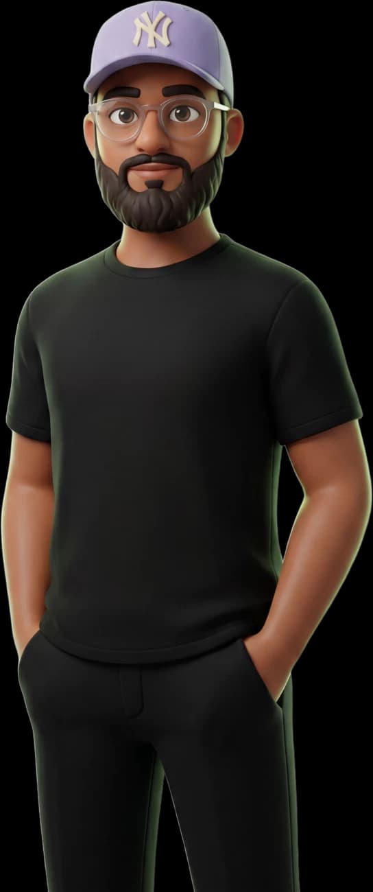 Ibrahim Shareef as a 3D character in an all-black outfit.