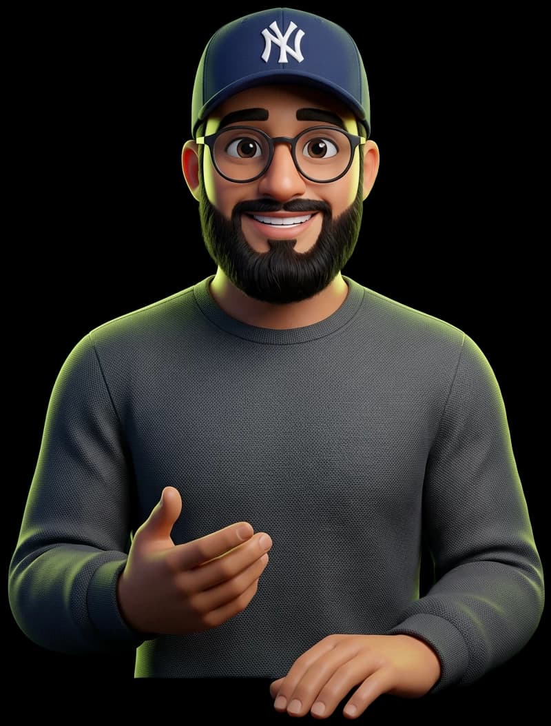 Ibrahim Shareef as a 3D character, smiling warmly with a welcoming hand and navy cap.