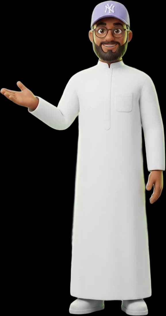 Ibrahim Shareef as a 3D character presenting with an open hand, full body.