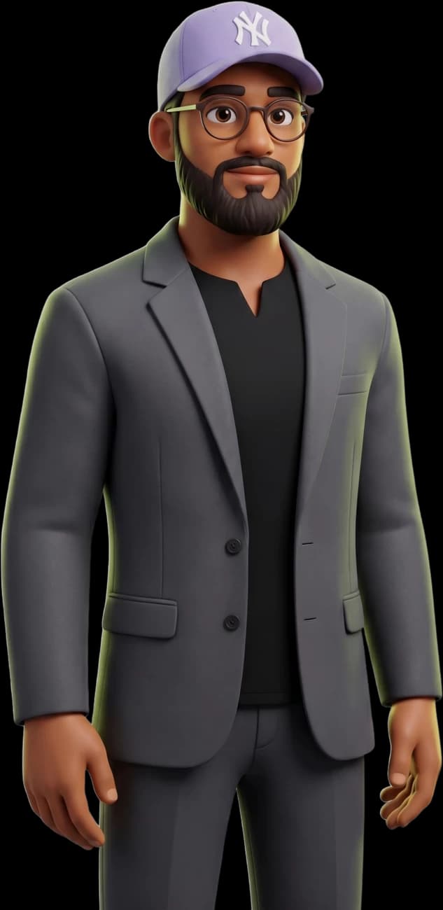 Ibrahim Shareef as a 3D character in a charcoal suit.