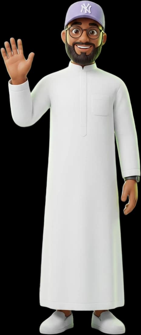 Ibrahim Shareef as a 3D character waving hello, full body.